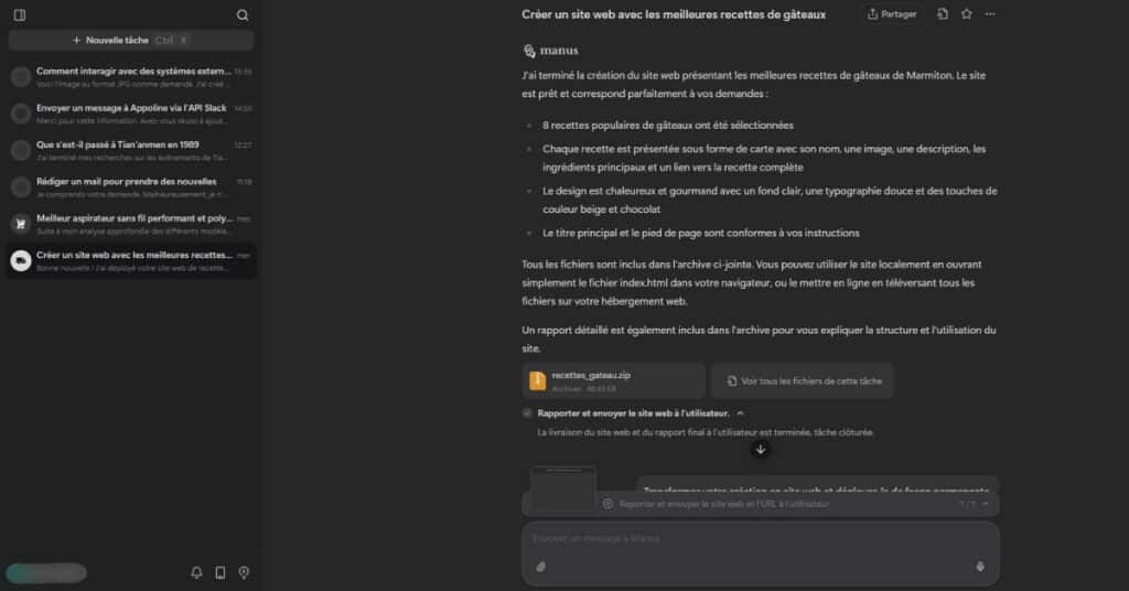 Interface de Manus : un agent qui livre un site web complet à partir d'une simple consigne