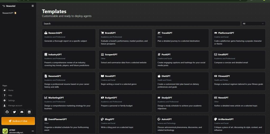AgentGPT et ses templates : ResearchGPT, MarketingGPT, EmailGPT, autant d'agents préfabriqués pour découvrir le concept
