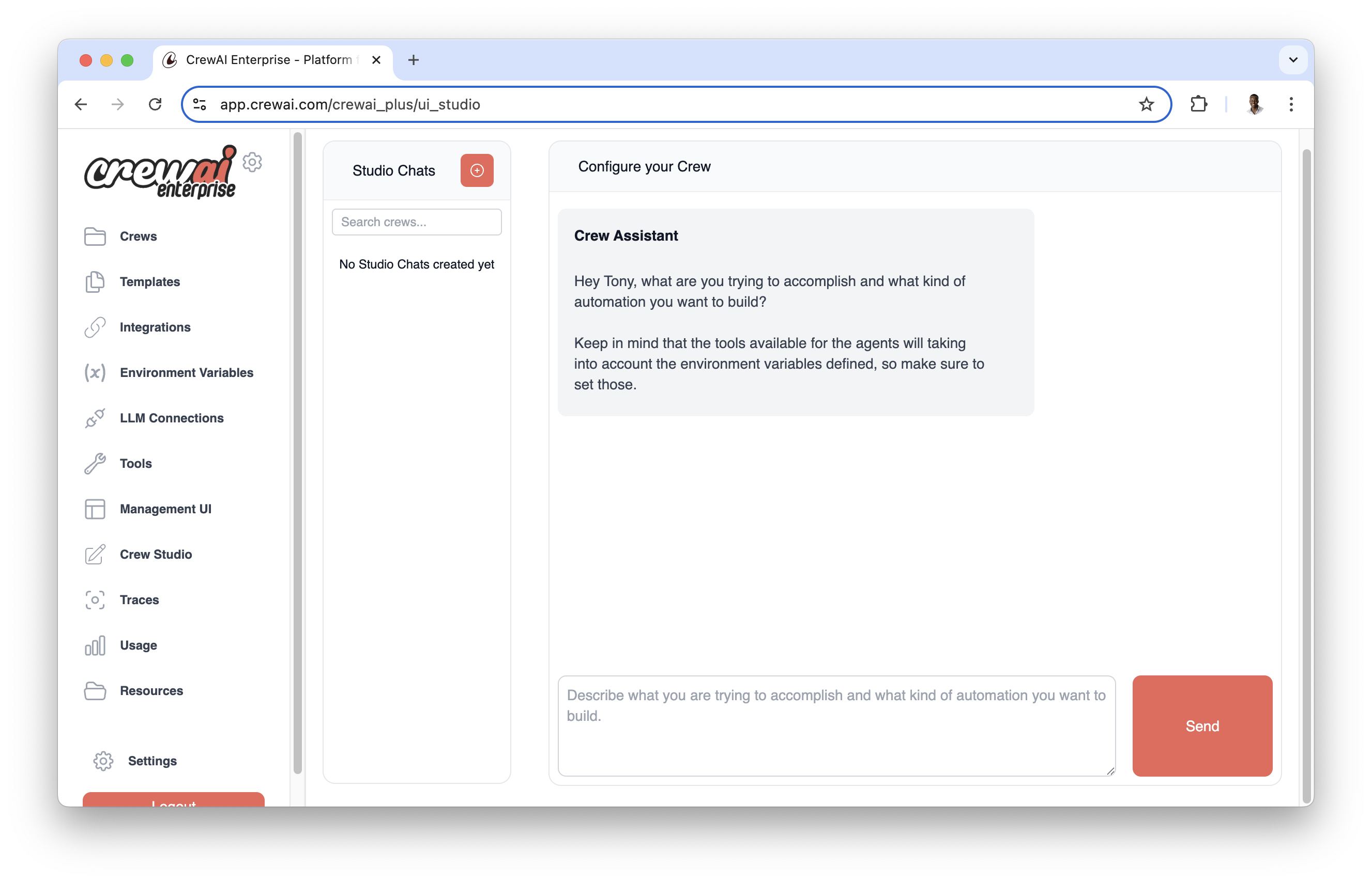 Interface de CrewAI Enterprise : un studio pour orchestrer ses équipes d'agents, gérer les outils et les variables d'environnement