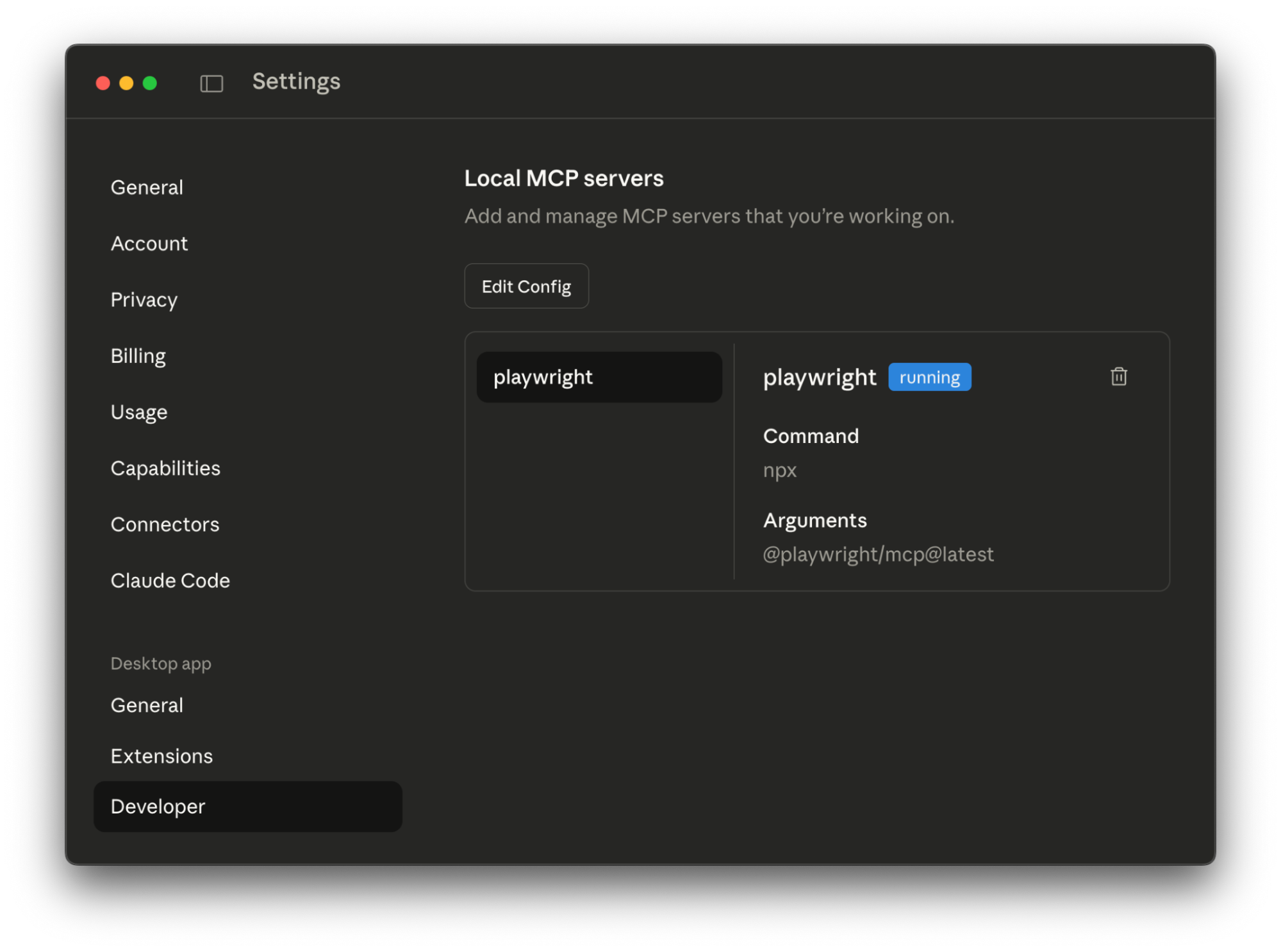 Réglages MCP locaux dans Claude Desktop : un serveur Playwright en cours d'exécution