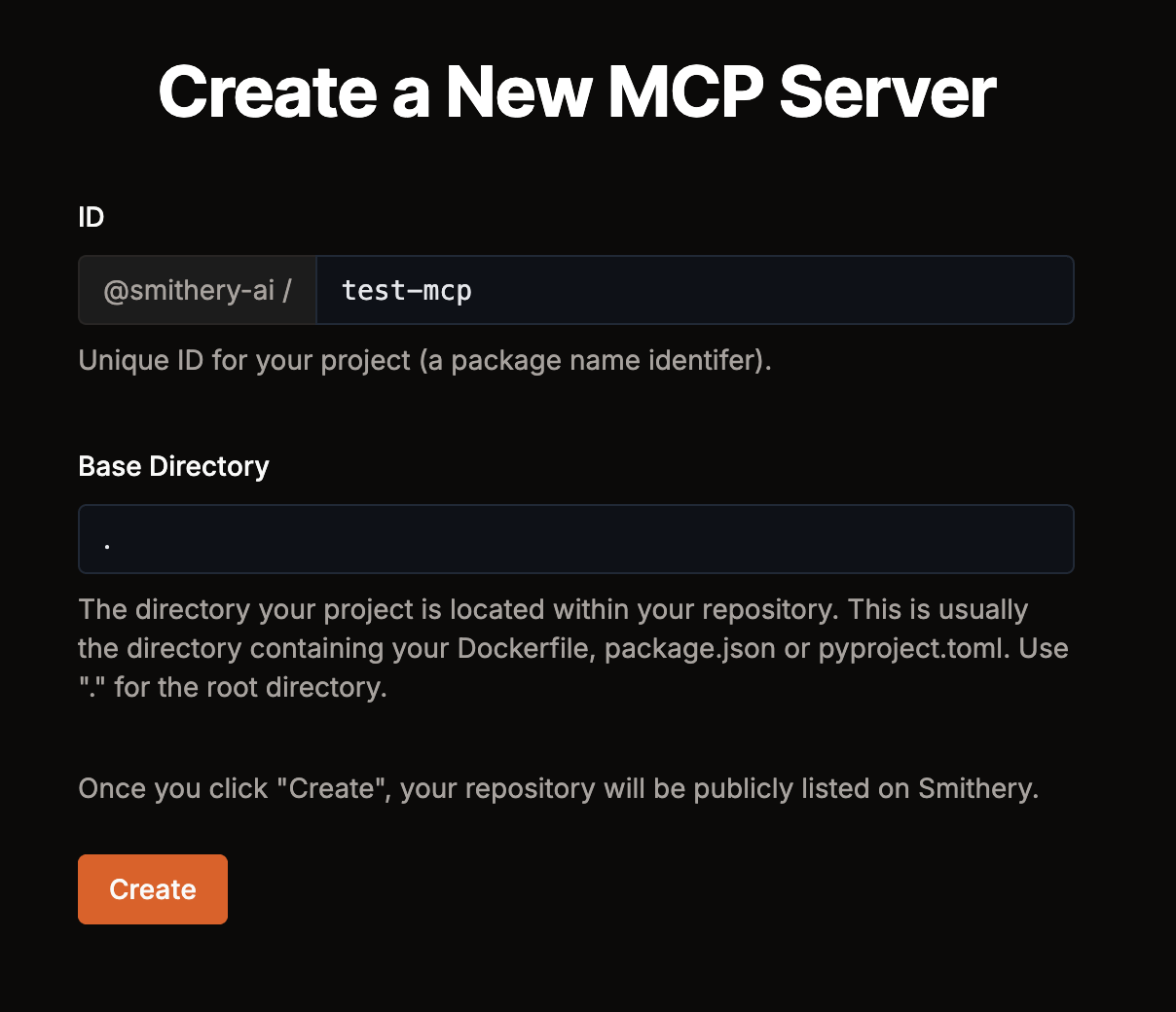 Smithery, le Docker Hub du MCP : formulaire de création et de publication d'un nouveau serveur MCP