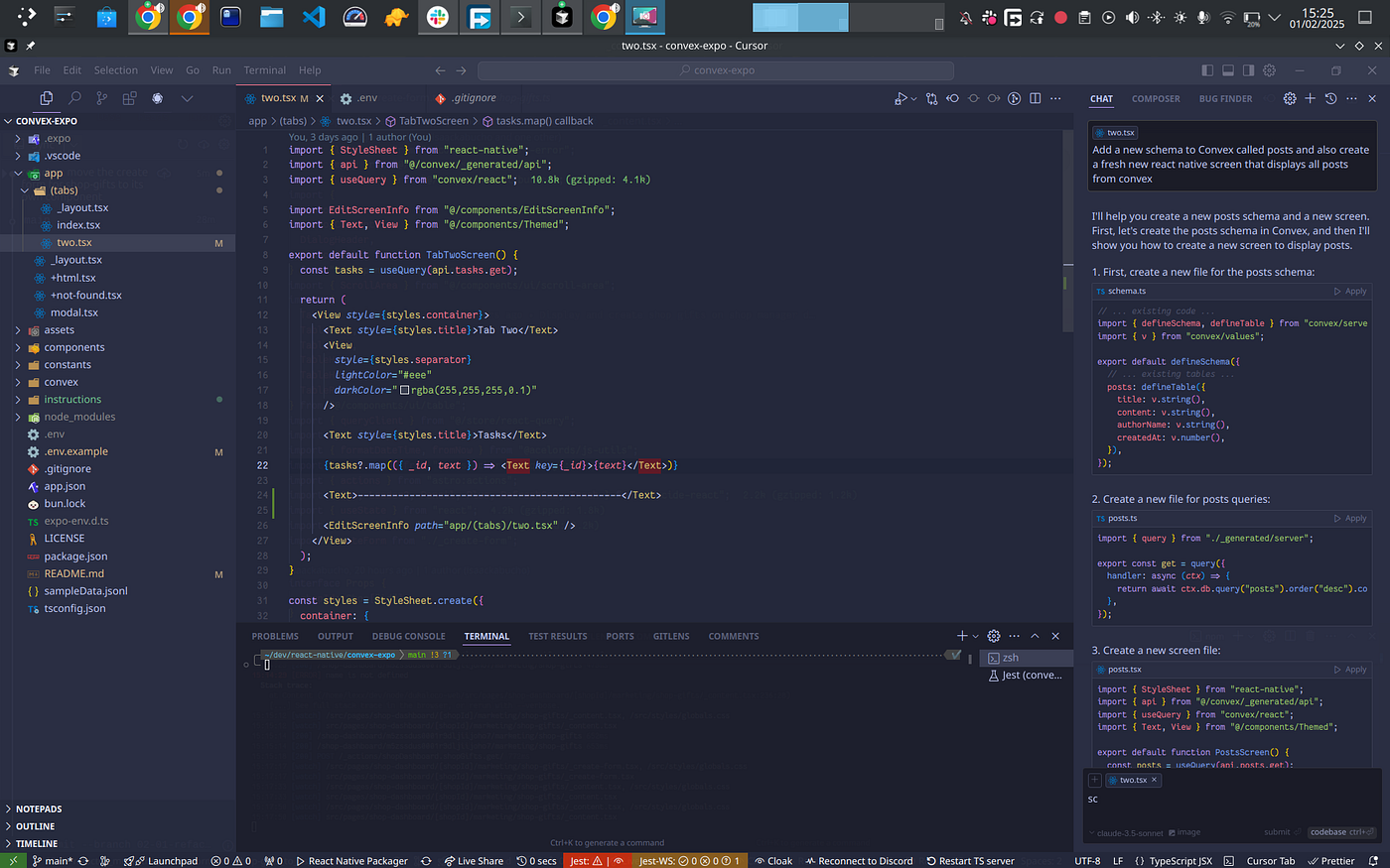 The Cursor editor in action: multi-line autocomplete, side chat, agent mode