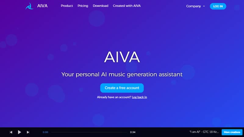 Screenshot der Startseite von AIVA im Mai 2026