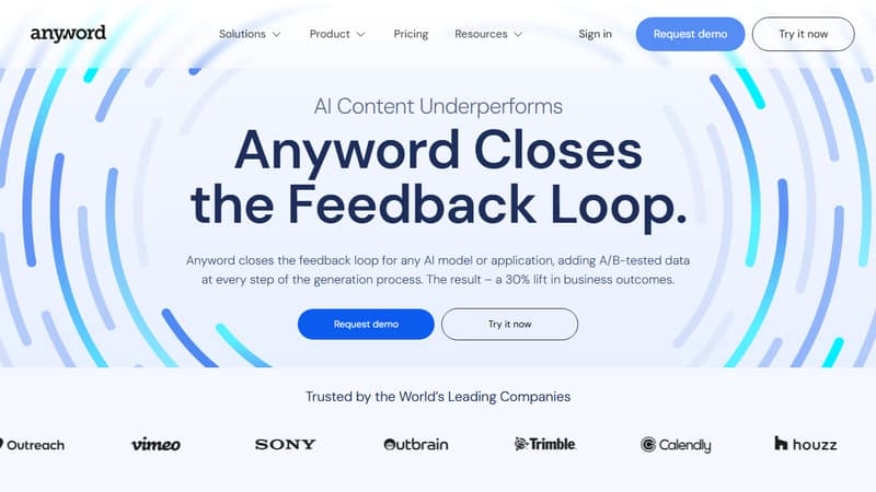 Screenshot der Startseite von Anyword im Mai 2026