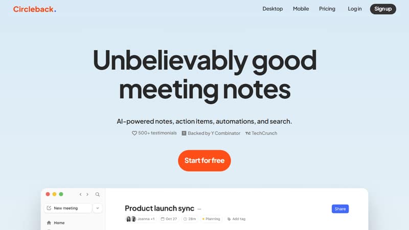 Screenshot of Circleback's homepage in May 2026