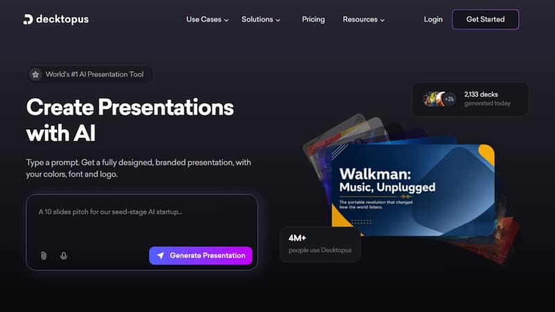 Screenshot of Decktopus's homepage in May 2026