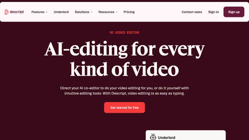 Screenshot of Descript's homepage in May 2026