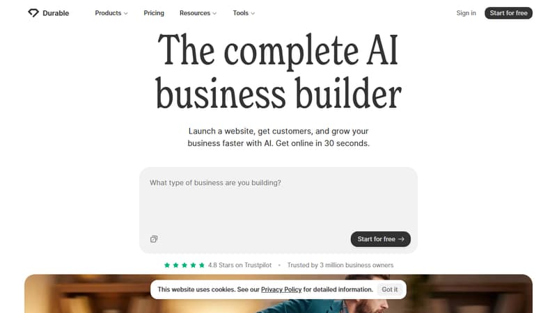 Screenshot of Durable's homepage in May 2026