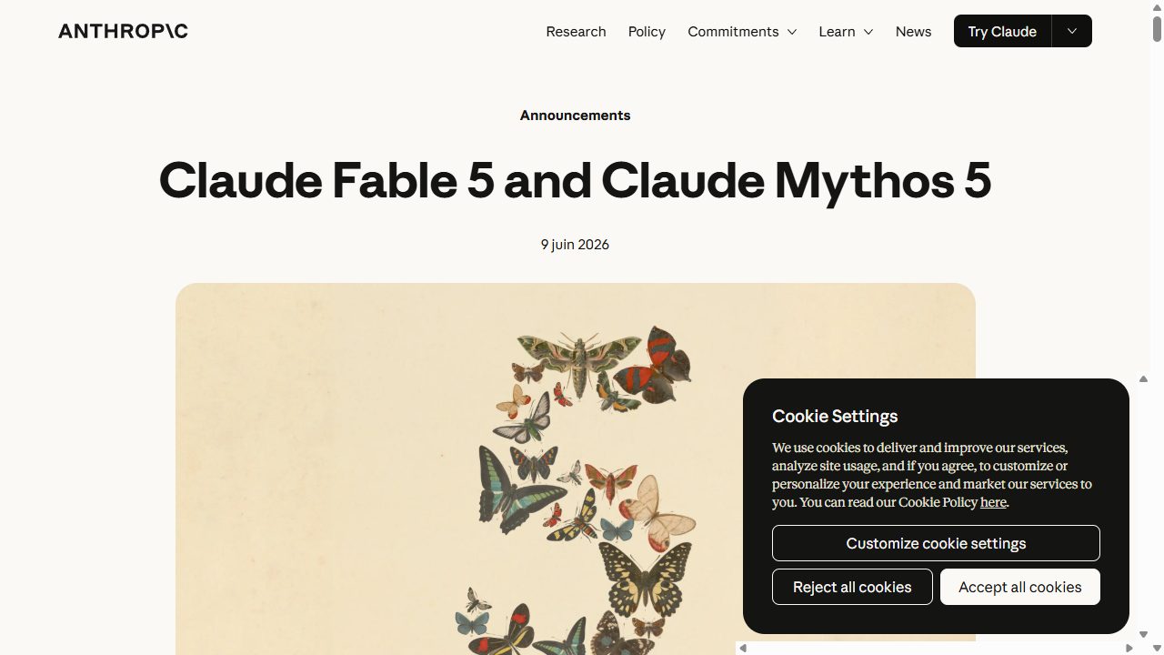 Official Claude Fable 5 announcement on anthropic.com, June 2026