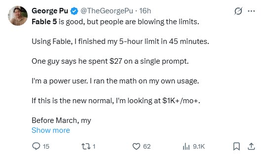 Tweet by George Pu: 5-hour limit gone in 45 minutes on Fable 5, one prompt billed 27 dollars, projecting over 1,000 dollars a month