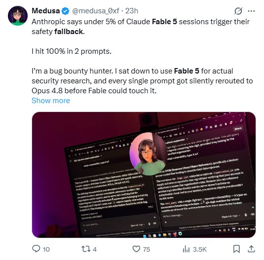 Tweet by Medusa, bug bounty hunter: 100 percent fallback to Opus 4.8 within 2 security research prompts on Fable 5