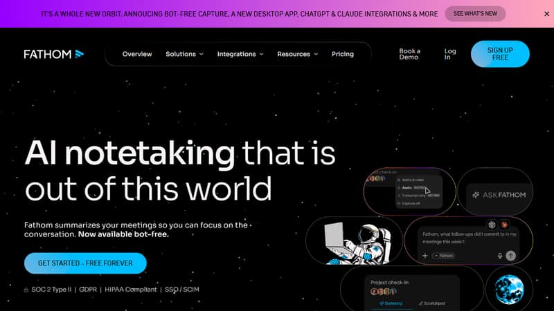 Screenshot of the Fathom homepage in May 2026