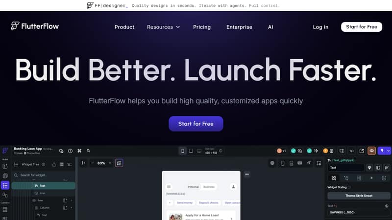 Screenshot of FlutterFlow's homepage in May 2026