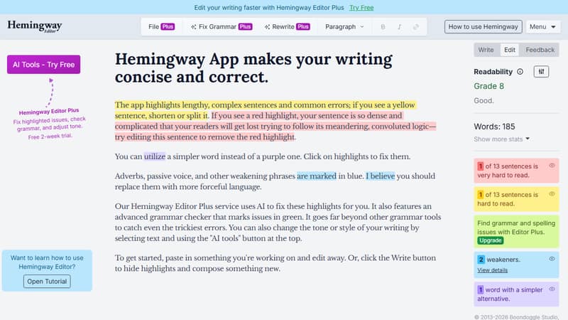 Screenshot der Startseite von Hemingway Editor im Mai 2026