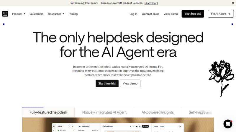 Screenshot of Intercom Fin homepage in May 2026