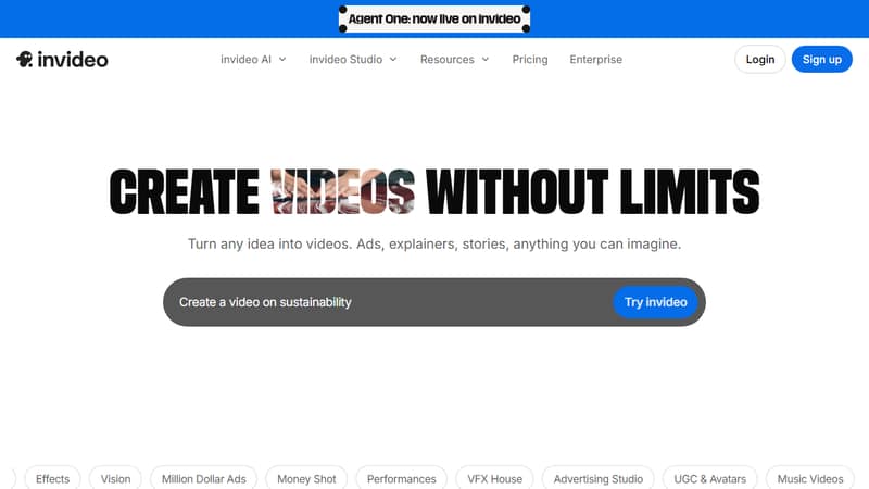 Screenshot der Invideo AI-Startseite im Mai 2026