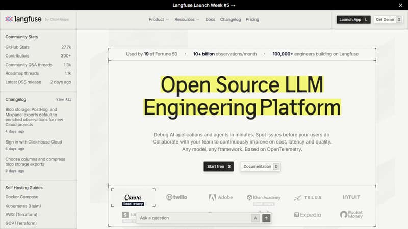 Screenshot of Langfuse homepage in May 2026