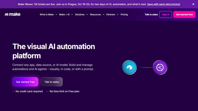 Screenshot of Make's homepage in May 2026