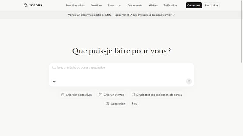 Screenshot of Manus homepage in May 2026