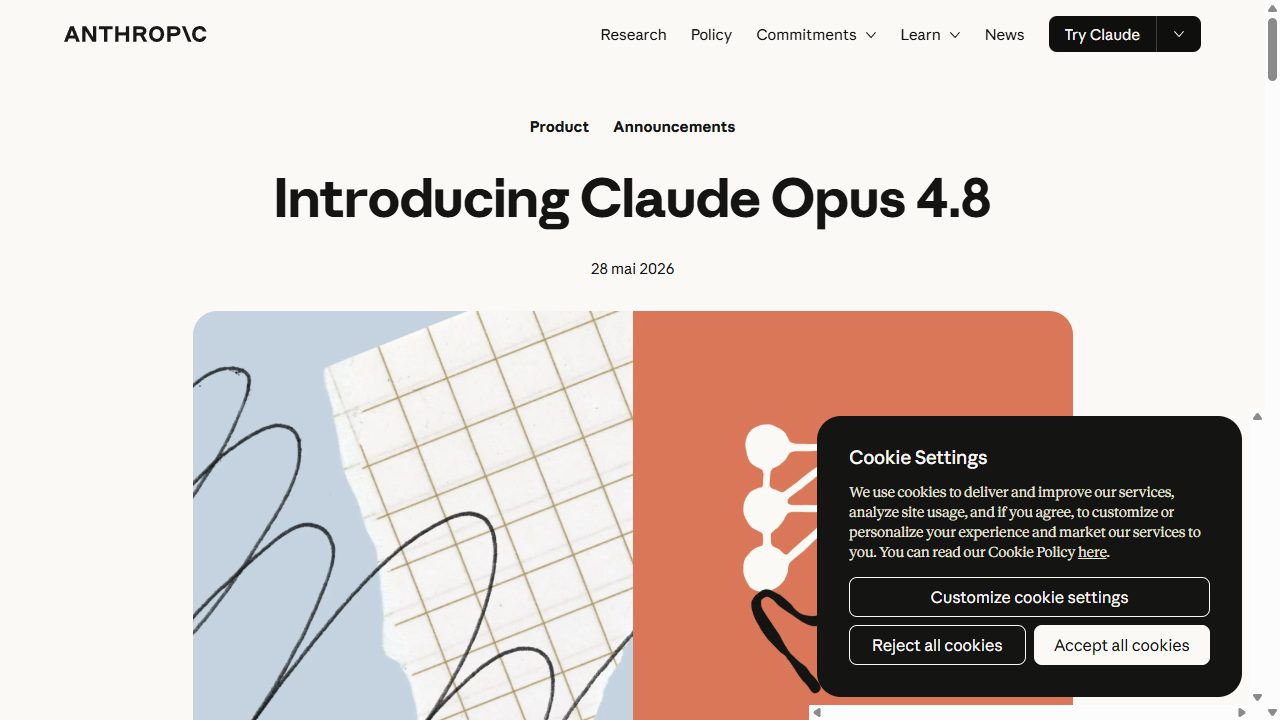 Official Claude Opus 4.8 announcement on anthropic.com, June 2026