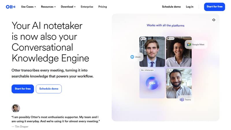 Screenshot of Otter's homepage in May 2026