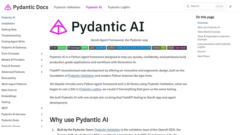 Screenshot der Startseite von Pydantic AI im Mai 2026