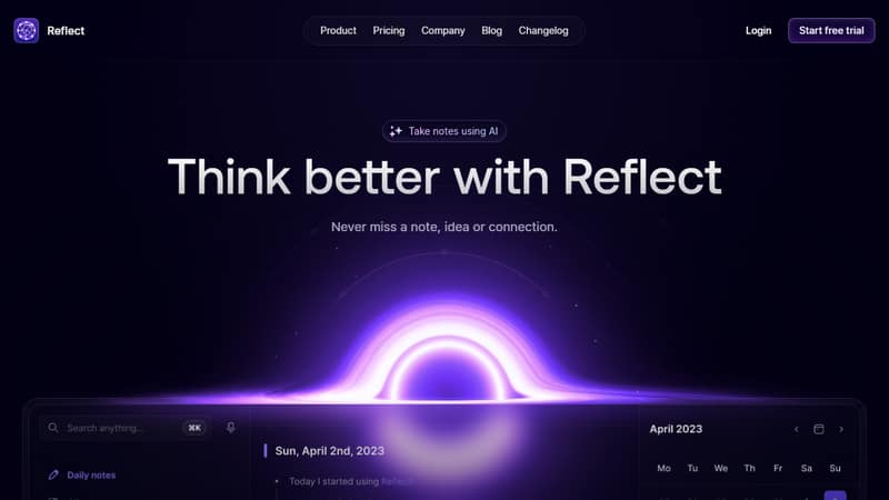 Screenshot of Reflect's homepage in May 2026