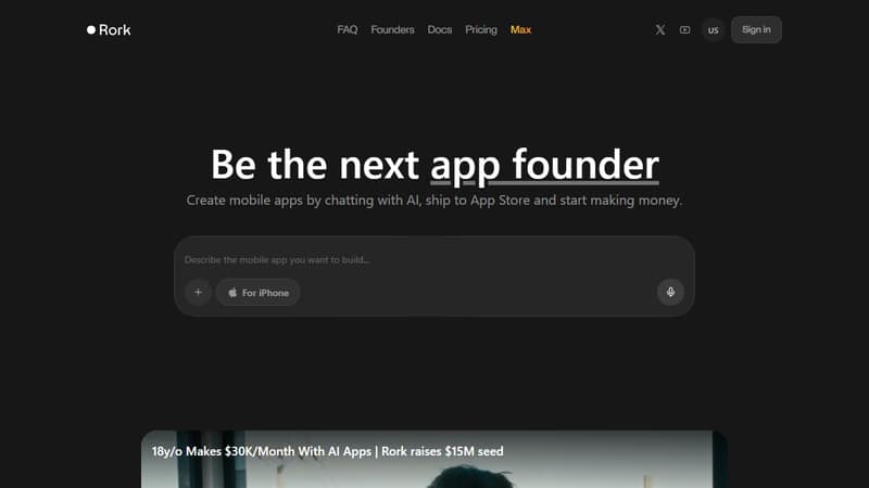 Screenshot of Rork's homepage in May 2026