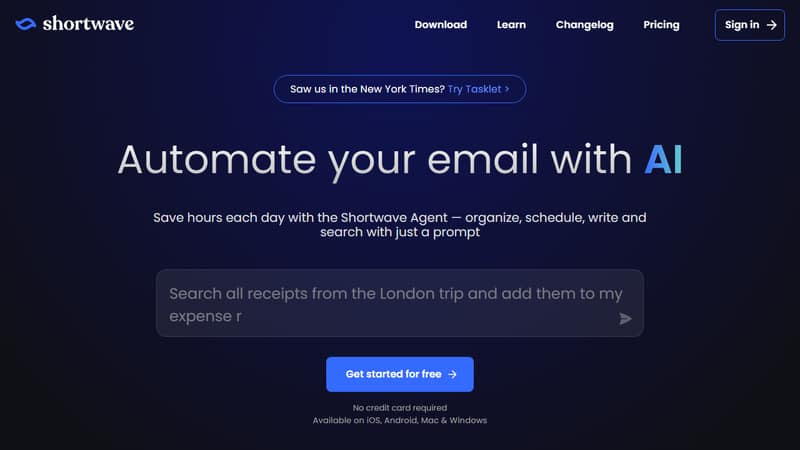 Screenshot of Shortwave's homepage in May 2026