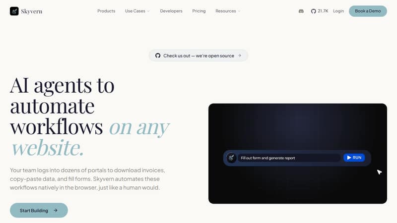 Screenshot of Skyvern's homepage in May 2026