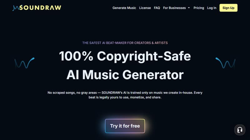 Screenshot of Soundraw's homepage in May 2026