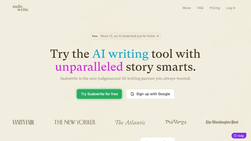 Screenshot of Sudowrite's homepage in May 2026