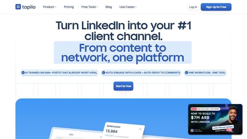 Screenshot of Taplio's homepage in May 2026