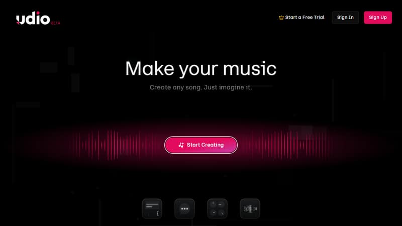 Screenshot of Udio's homepage in May 2026